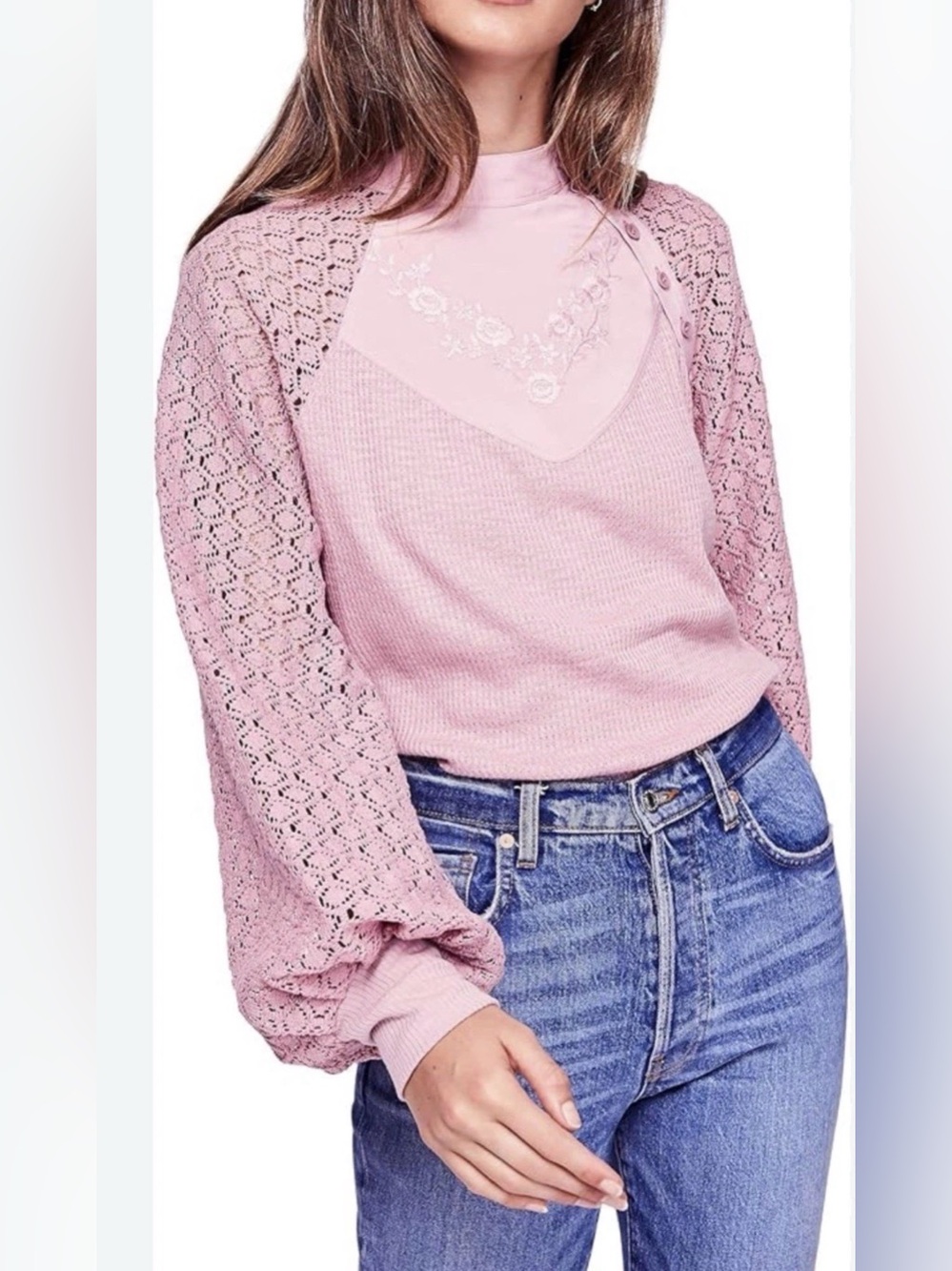Free people Pink Lace Sleeve Sweater Top Embroidery